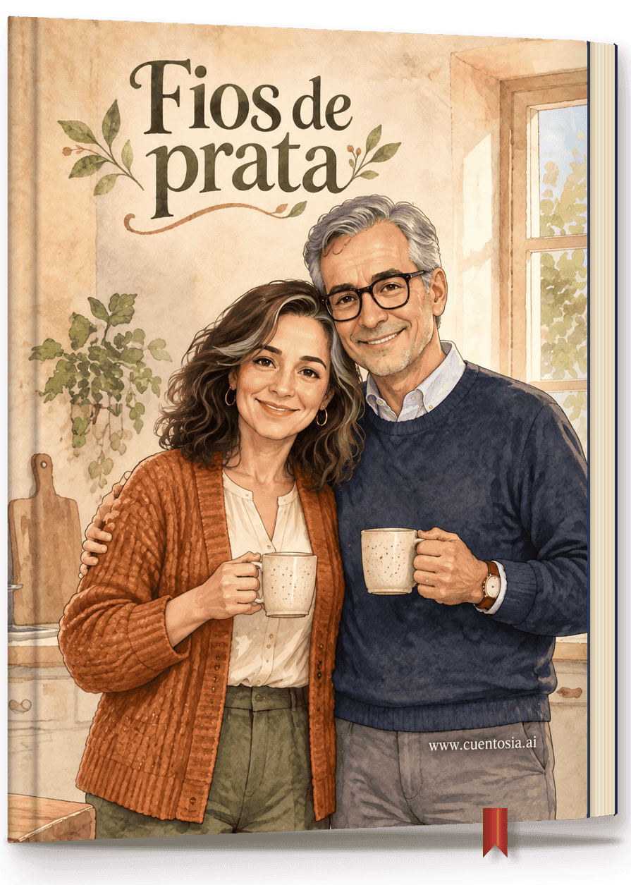 «Fios de prata», história personalizada de bodas de prata impressa em capa dura, de pé à frente de duas ilustrações emolduradas do casal