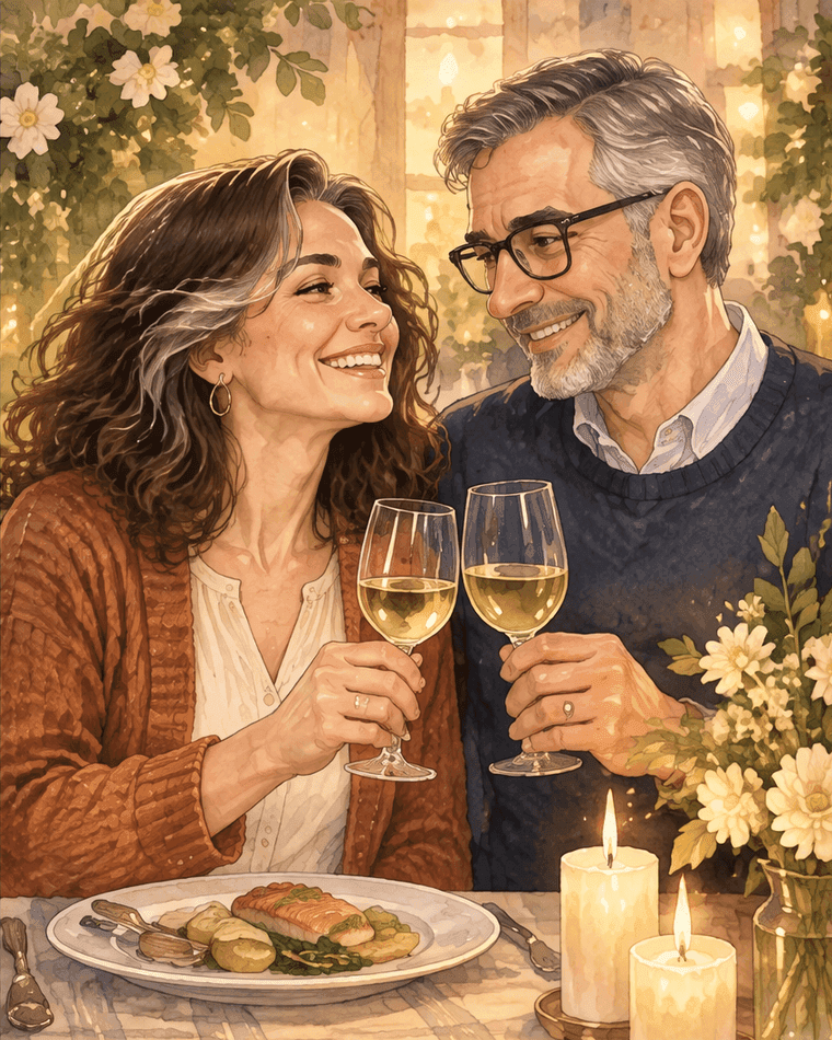 A Marta e o Javier, de cabelos grisalhos, brindam no jantar das bodas de prata, em 2026