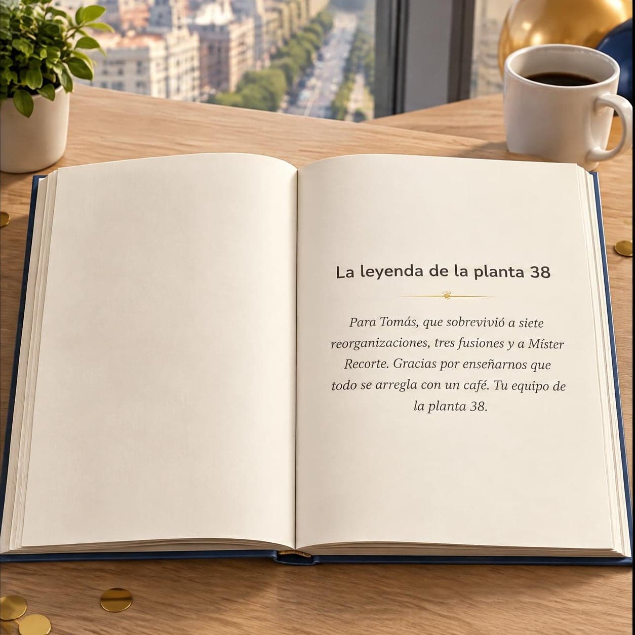 «La leyenda de la planta 38» abierto por la dedicatoria del equipo de la planta 38, sobre la mesa de la despedida