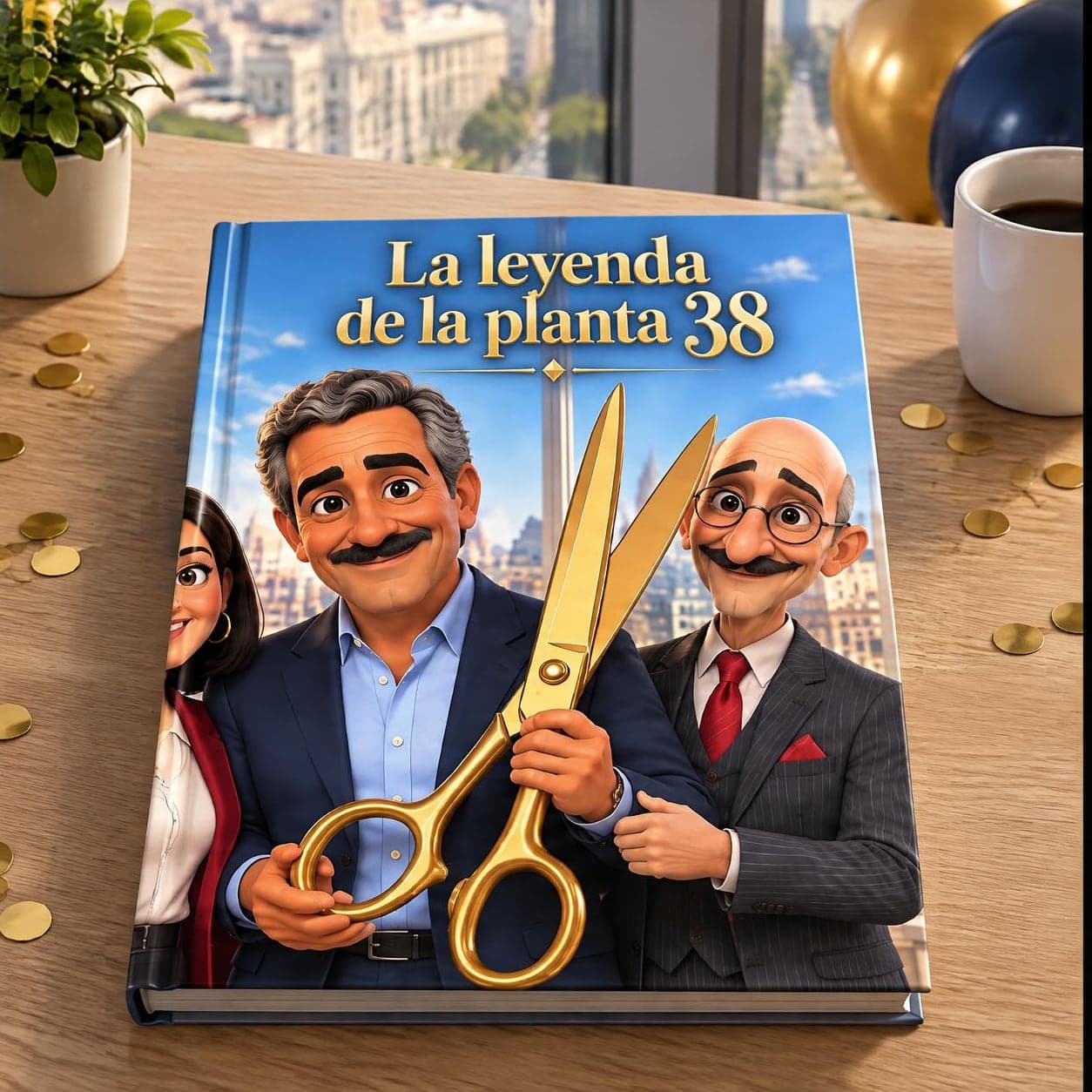 «La leyenda de la planta 38» impreso en tapa dura sobre la mesa de la despedida, junto a una planta, una taza de café y globos dorados y azules