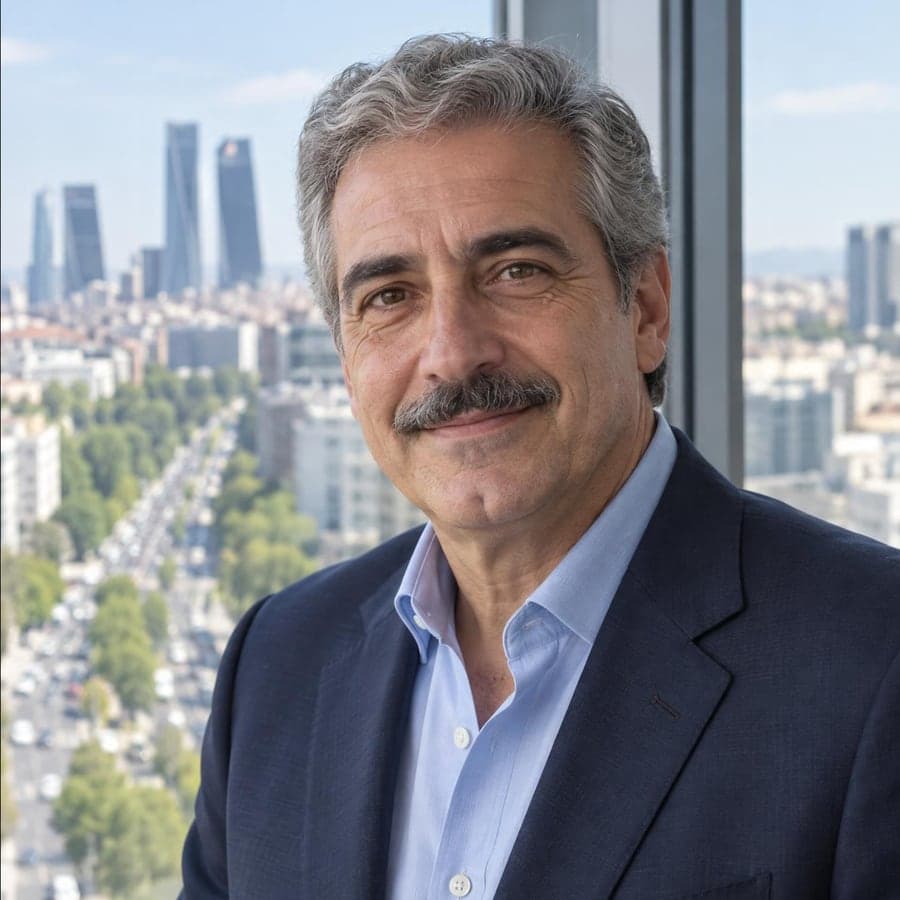 Tomás hoy, con canas y bigote gris, en su foto de LinkedIn junto a la ventana de una torre de oficinas de Madrid