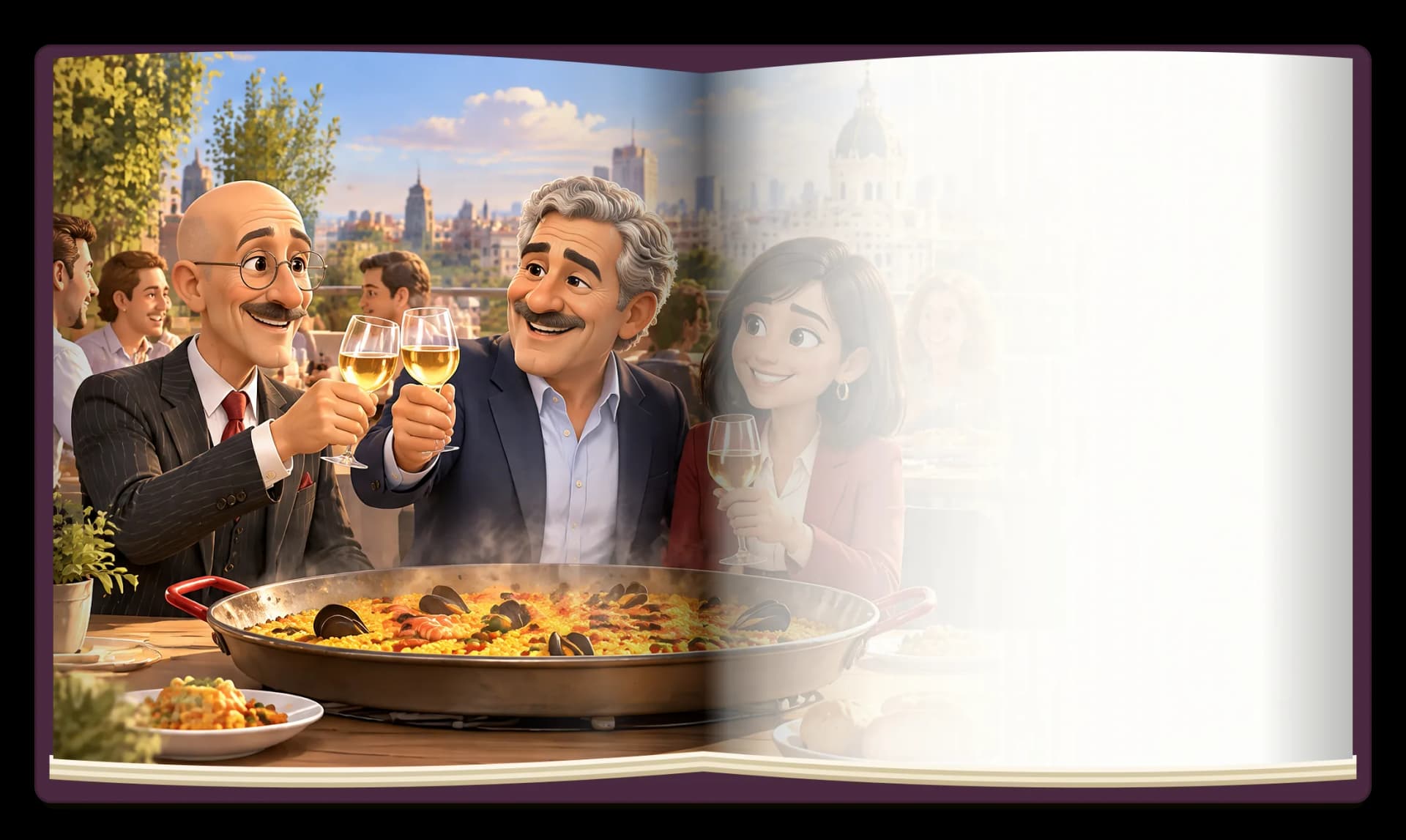 Míster Recorte, Tomás e Irene brindan en una terraza ante una paella enorme, con Madrid al fondo