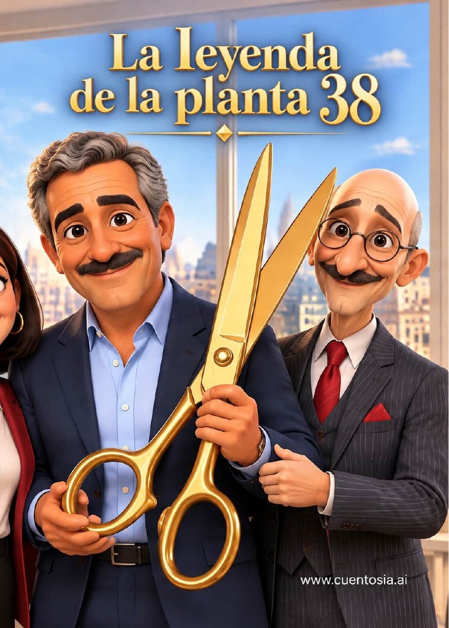 Portada de «La leyenda de la planta 38»: Tomás con unas tijeras doradas gigantes junto a Míster Recorte, con Madrid al fondo