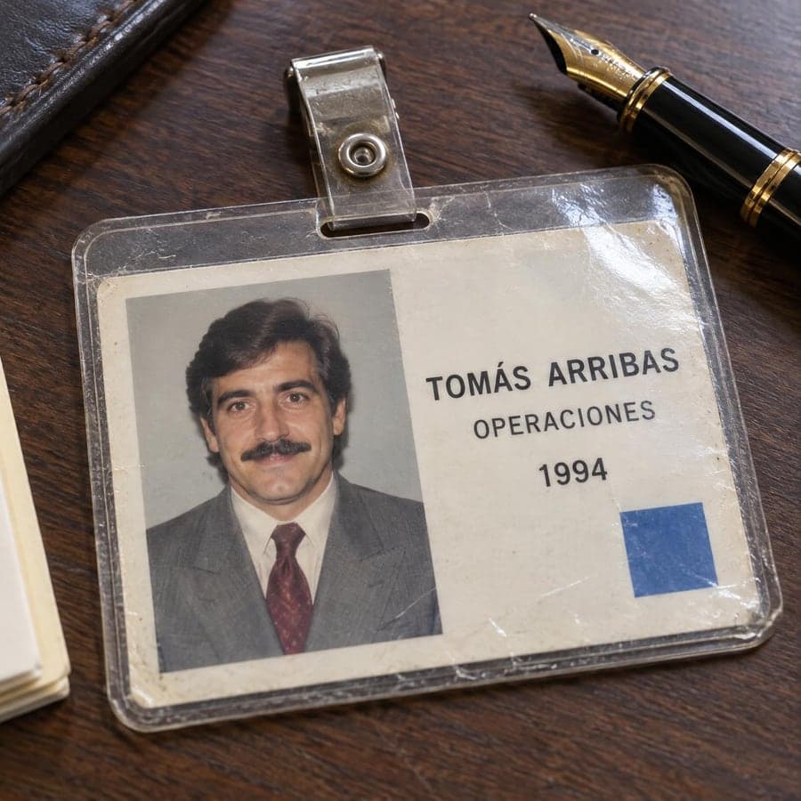 Tarjeta de empleado de 1994 de Tomás Arribas, de Operaciones, con su foto de carné con bigote y traje gris