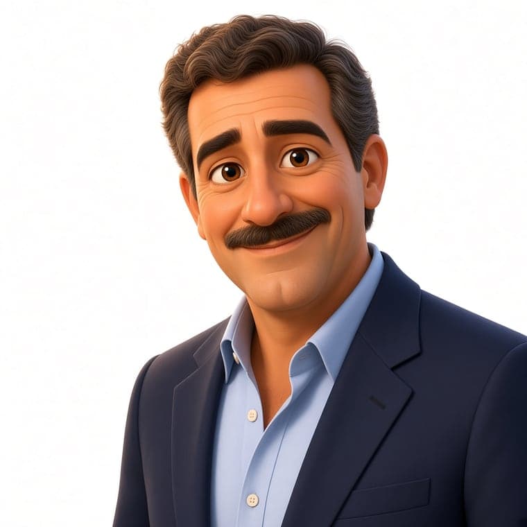 Tomás ilustrado como en 1994, con el pelo oscuro, bigote y traje azul marino