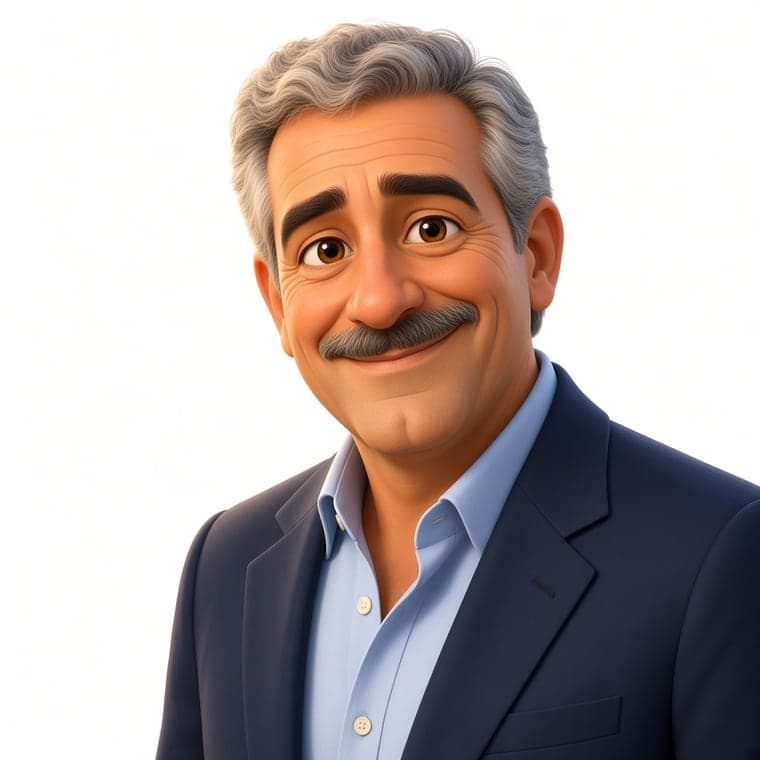 Tomás ilustrado hoy, con canas, bigote gris y traje azul marino