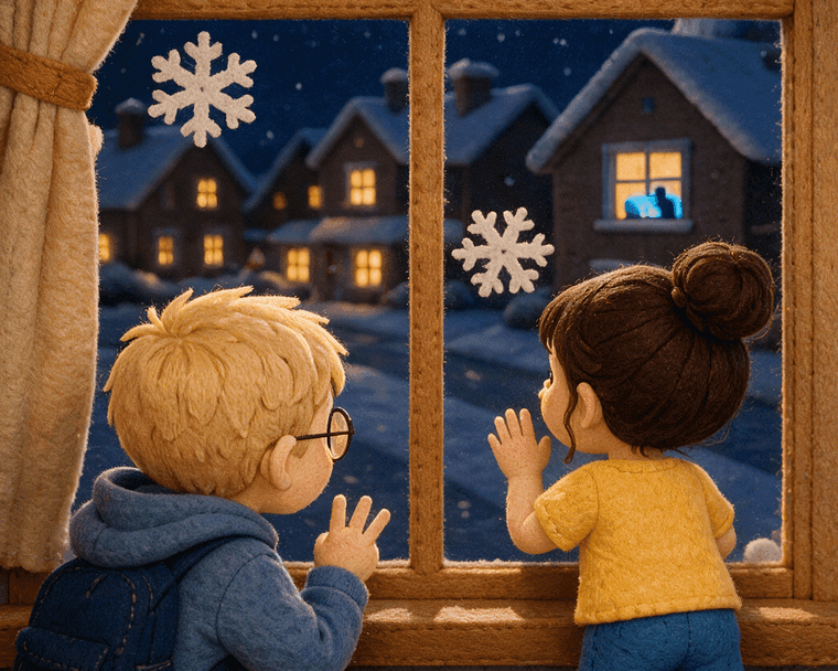 Ilustração de «Missão Flocos de Neve»: o Ivan e a Valentina, de costas, olham pela janela para a rua coberta de neve na véspera de Natal
