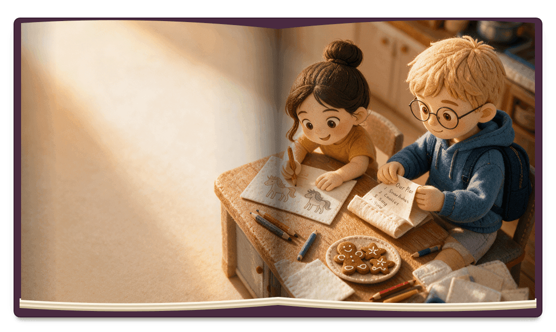 Página de «Missão Flocos de Neve»: o Ivan dobra a sua lista de desejos e a Valentina desenha póneis na mesa da cozinha