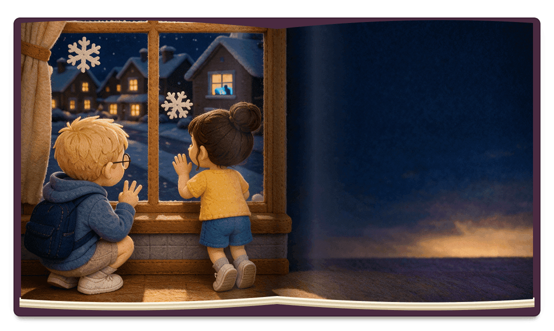 Página de «Missão Flocos de Neve»: o Ivan e a Valentina olham pela janela para a casa da vizinha, a única da rua sem luzes