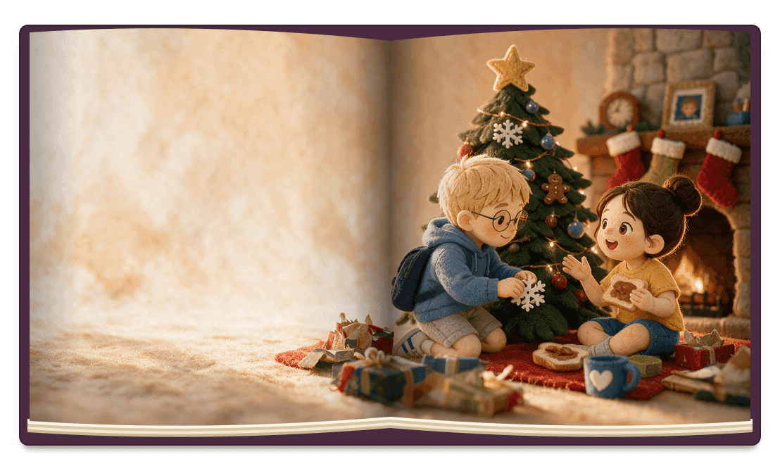 Página de «Missão Flocos de Neve»: na manhã de Natal, o Ivan e a Valentina junto à árvore com um floco de neve de papel
