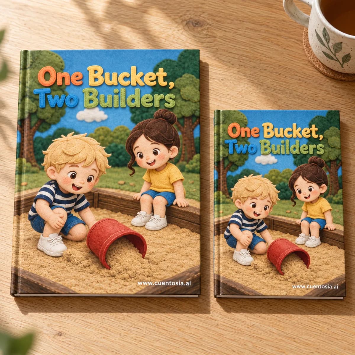 The story "One Bucket, Two Builders" printed as an A4 and an A5 hardcover, side by side on a wooden table