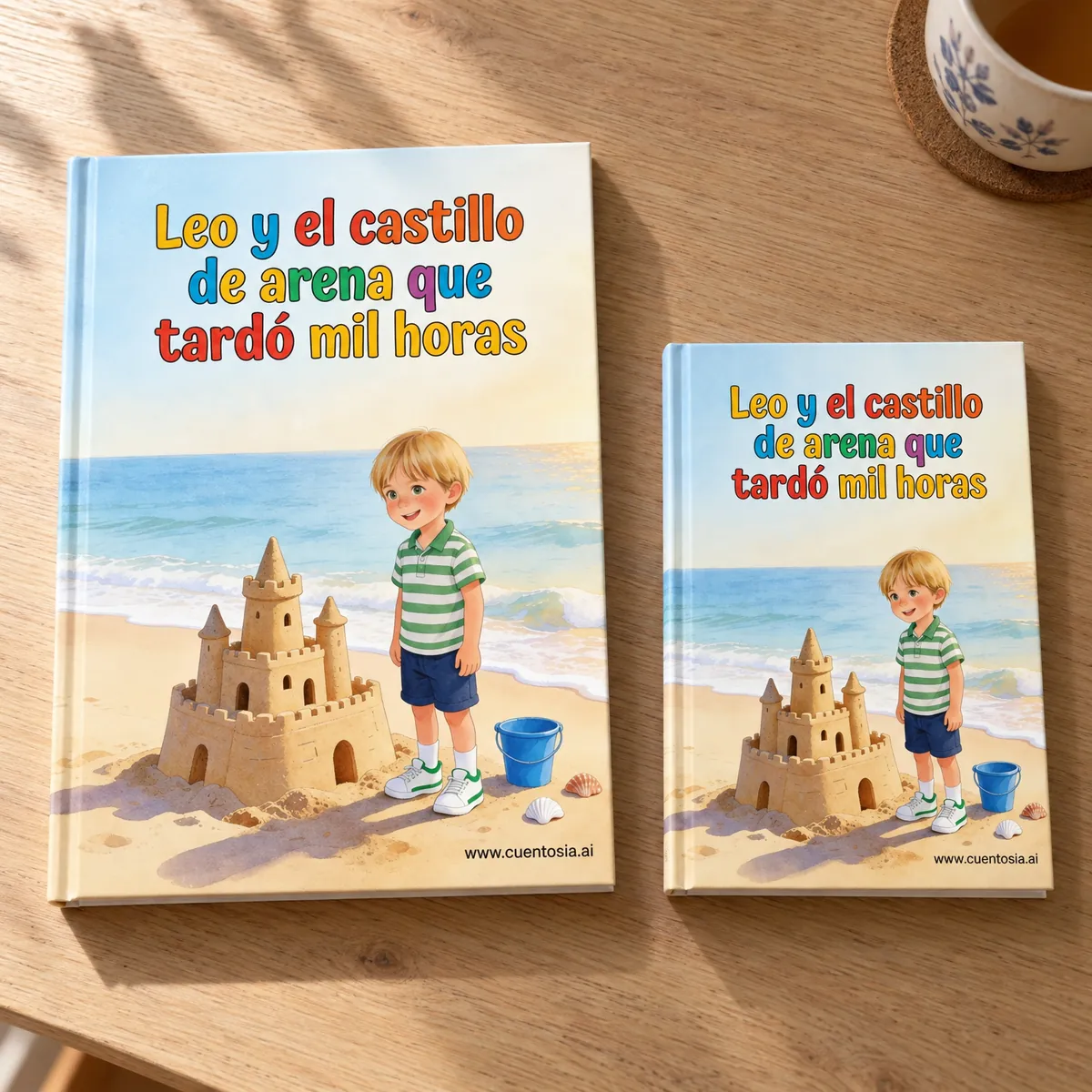 El cuento «Leo y el castillo de arena que tardó mil horas» impreso en tapa dura en A4 y en A5, uno al lado del otro sobre una mesa de madera