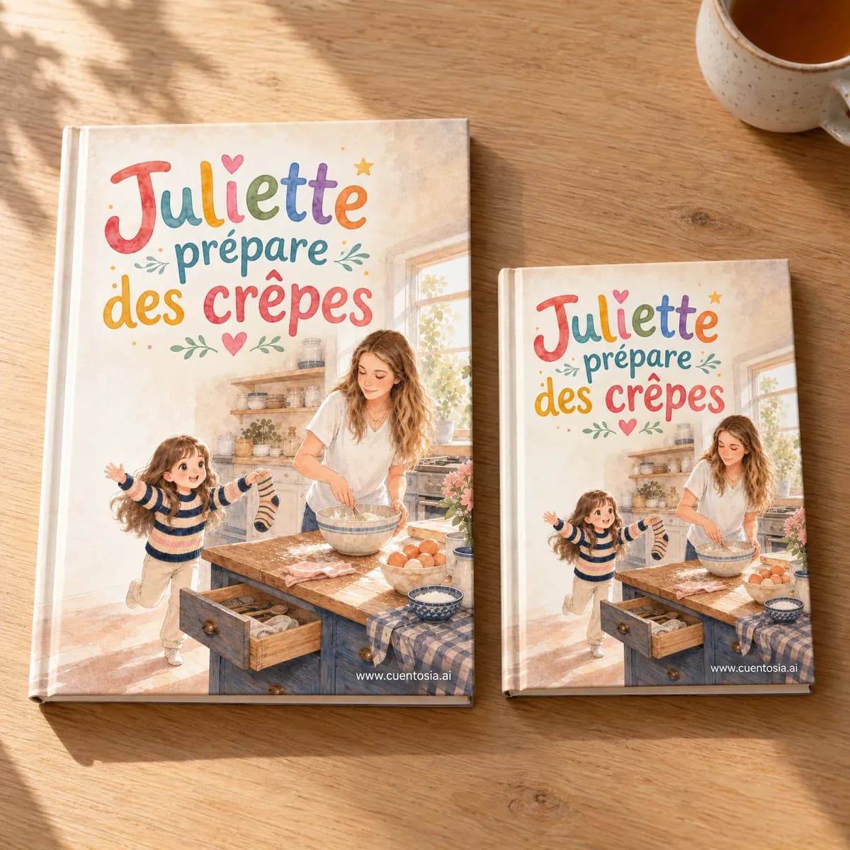 Le conte « Juliette prépare des crêpes » imprimé en couverture rigide A4 et A5, côte à côte sur une table en bois
