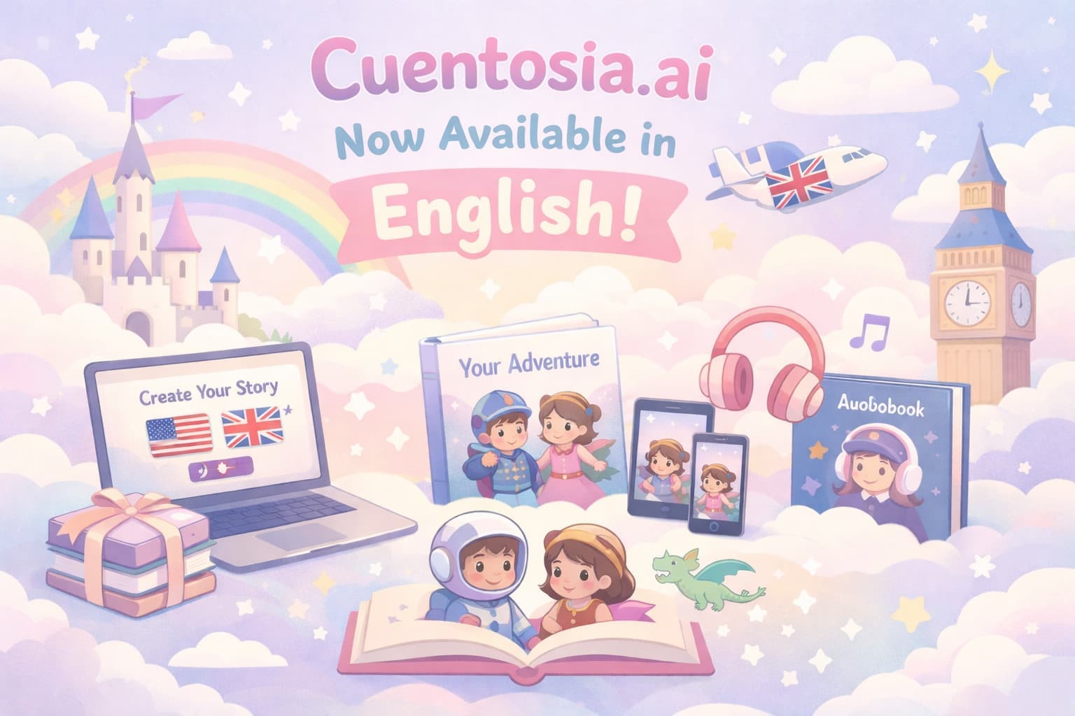 Illustration for the article “Cuentosia.ai Now Available in English: Total Control, Digital + Print, and Audiobook”