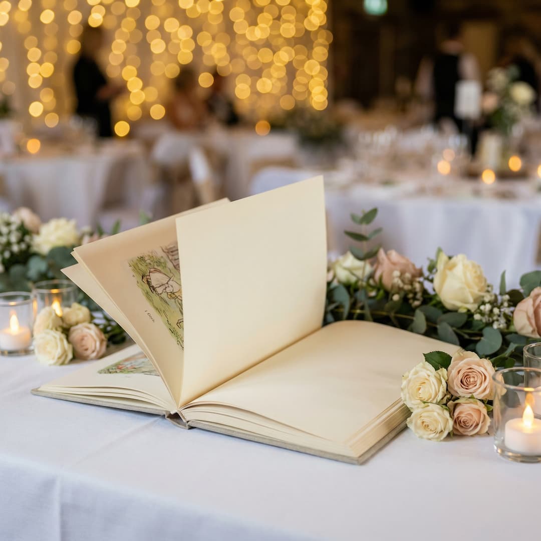 Livro de histórias aberto numa mesa de casamento com rosas e luzes