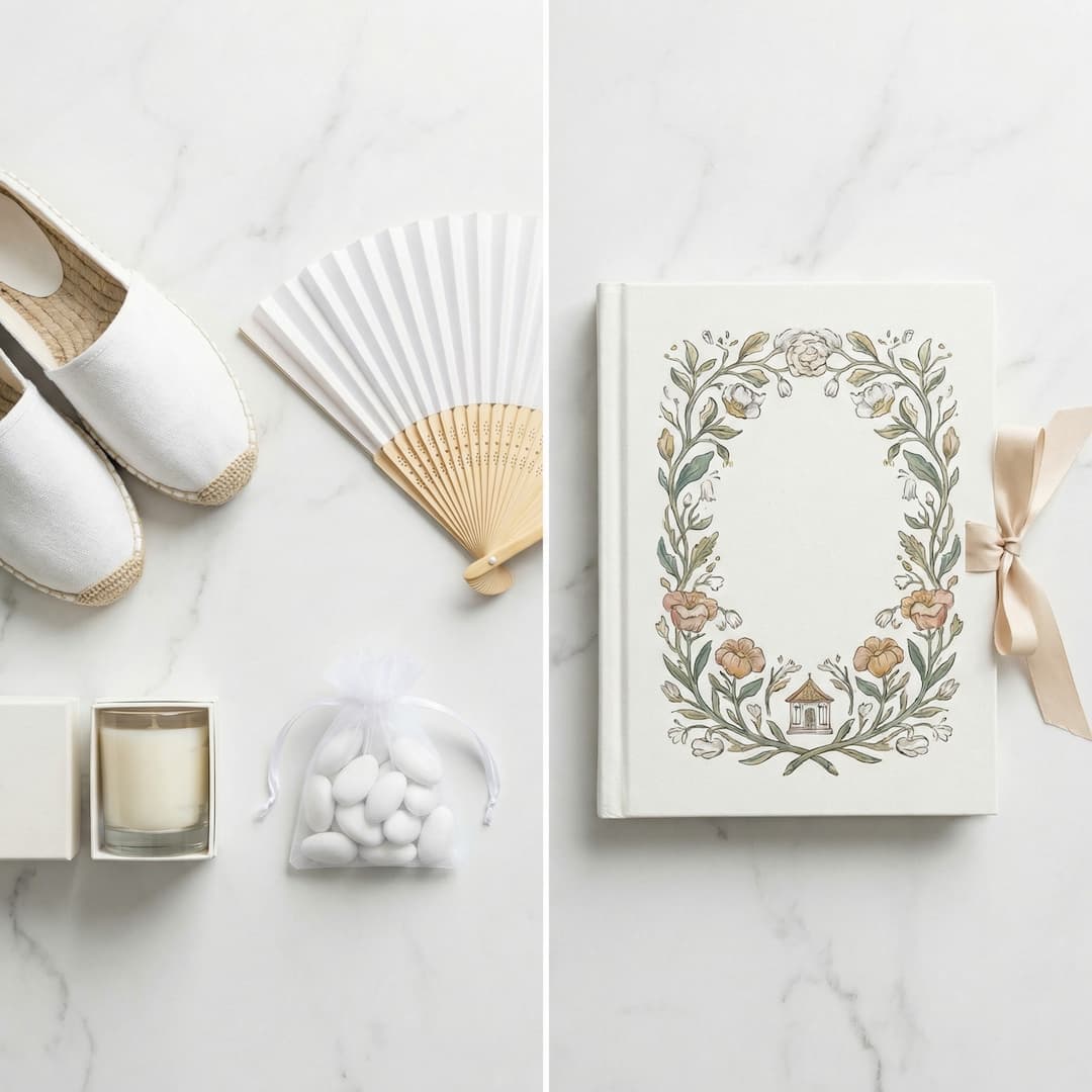Generic wedding favours — fans, candles, sugared almonds — next to a personalised hardcover storybook