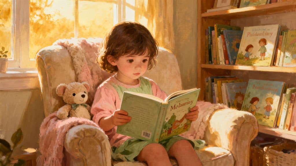 Ilustración del artículo «Biblioterapia y IA: Cómo los cuentos ayudan a tu hijo a superar miedos»