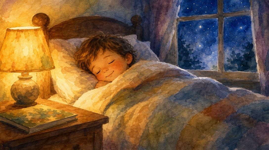 A child listens to their story in bed, with the lamp on and the book closed on the nightstand