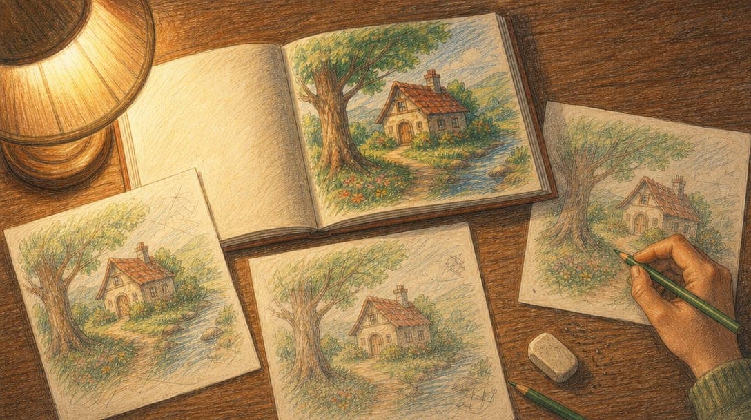 The same illustration repeated across several sketches on a desk, with pencil corrections