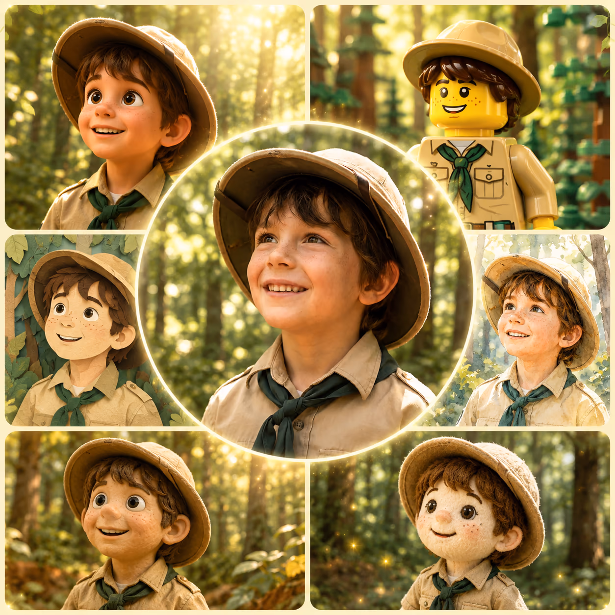 Le même enfant explorateur en six styles d'illustration différents autour de sa photo réelle