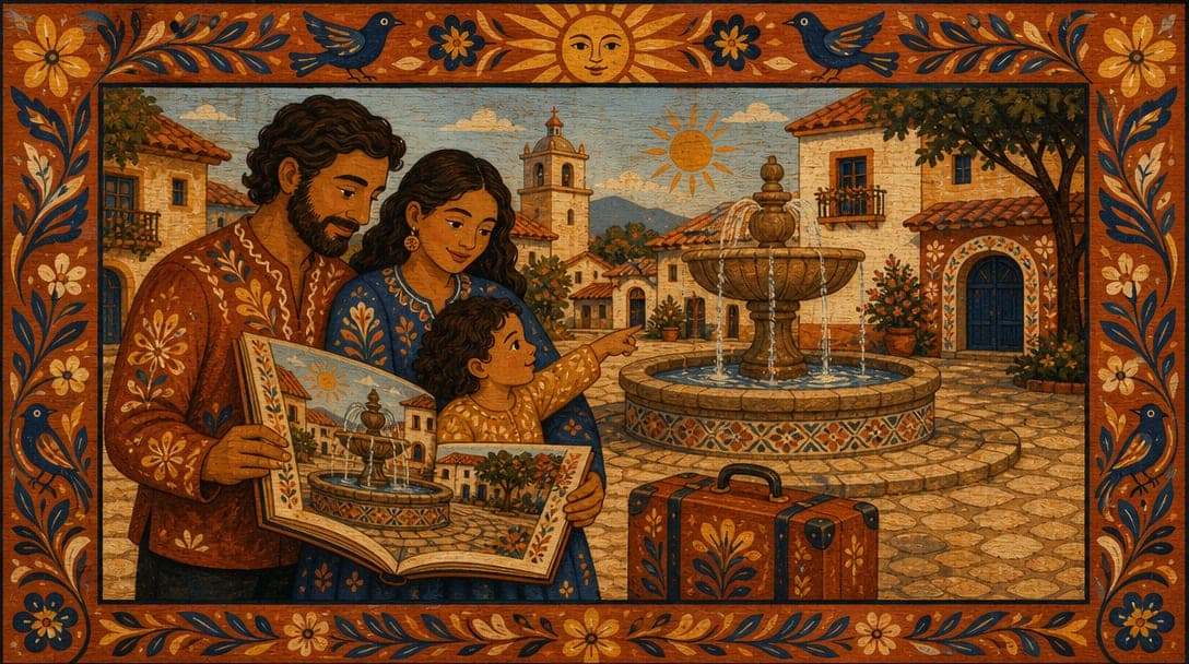 Una familia compara la plaza de su viaje con la misma plaza ilustrada en su cuento