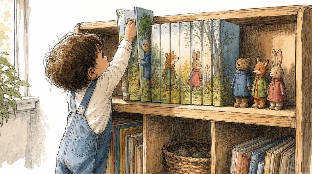A child reaches for one of their storybooks on the shelf, beside the figures of their characters