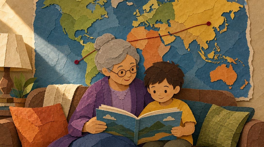 A grandmother and a child share the same storybook on the sofa, with a paper world map behind them