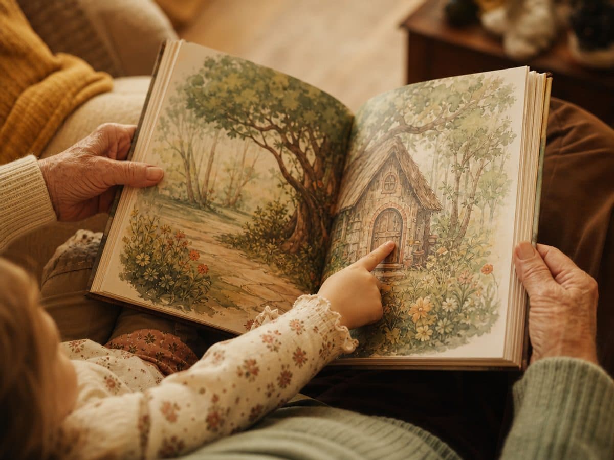 Mains de grands-parents et d'un petit-enfant sur un conte illustré ouvert