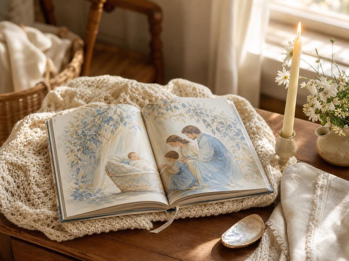Livre illustré ouvert sur un plaid en crochet, à côté d'une bougie allumée et de fleurs blanches