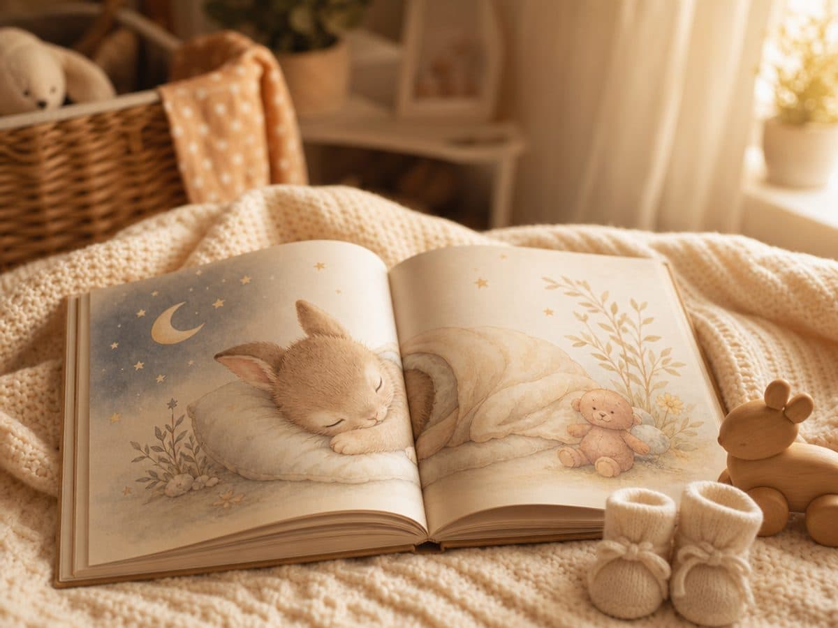Conte illustré ouvert sur une couverture de bébé avec des chaussons