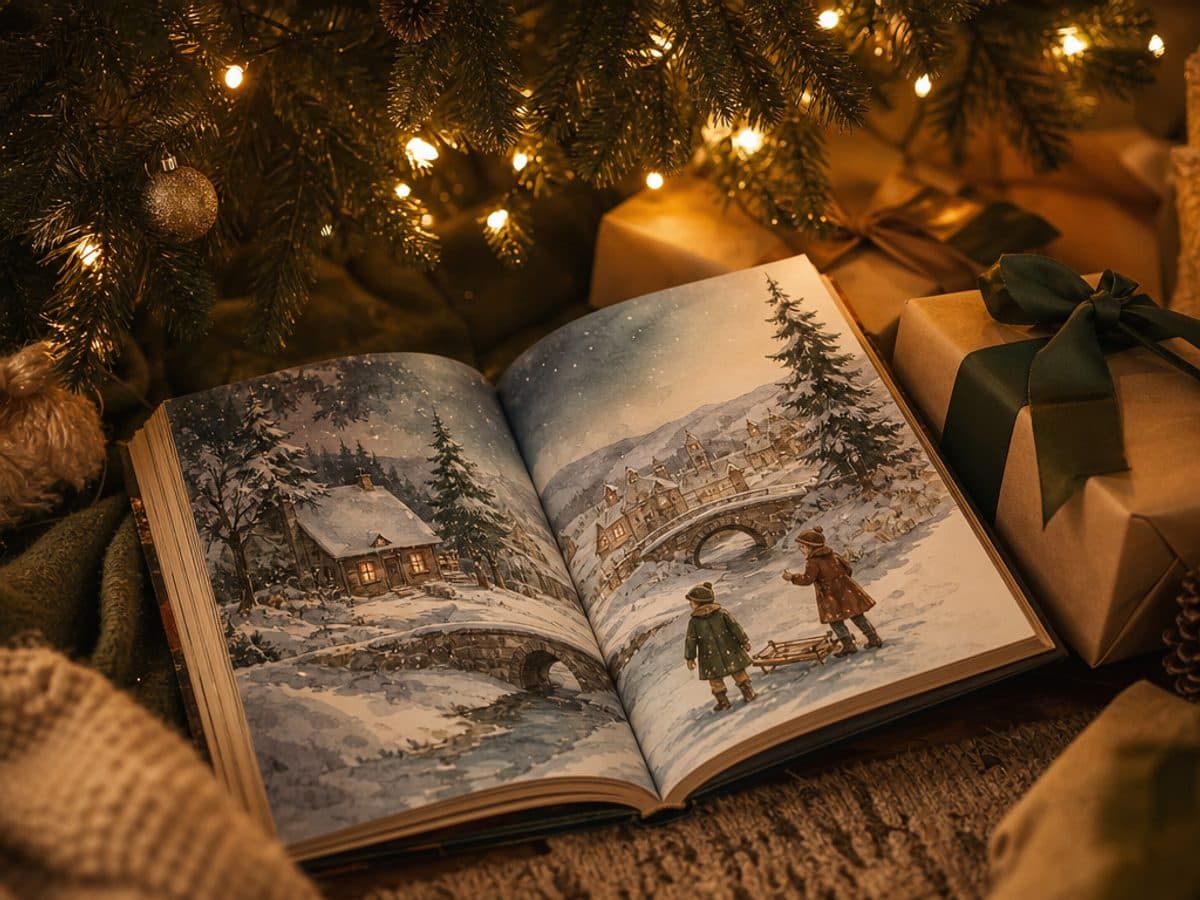 Conte illustré ouvert sous le sapin de Noël avec des cadeaux
