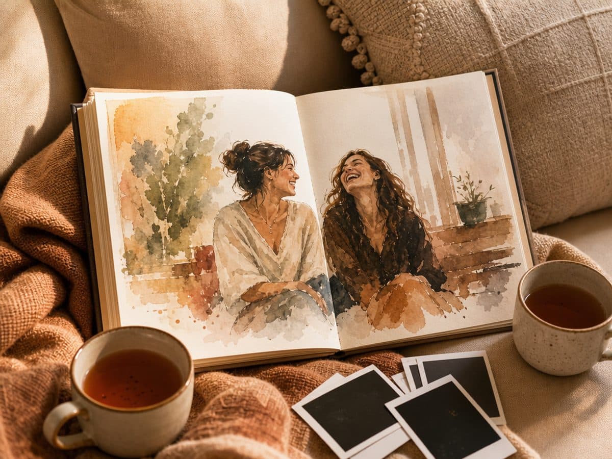 Conte illustré de deux amies riant, avec du thé et des photos