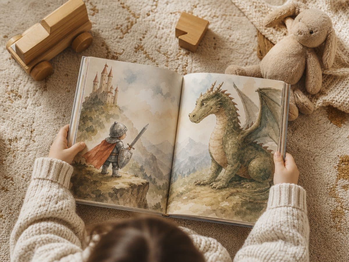 Mains d'enfant tenant un conte avec un chevalier et un dragon