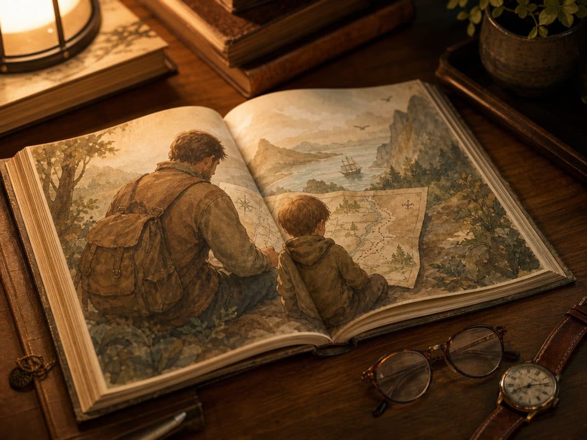 Conte illustré d'un père et son fils avec une carte d'aventures