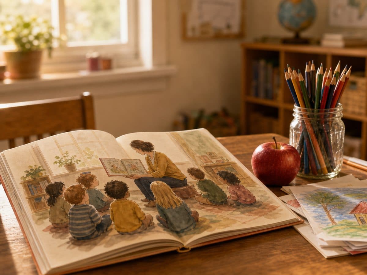 Conte illustré sur un bureau d'enseignant avec une pomme et des crayons