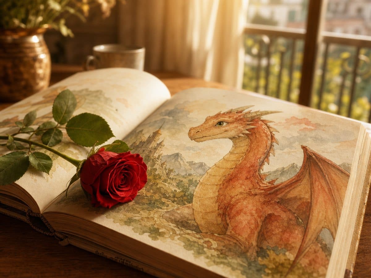 Cuento abierto con un dragón de acuarela y una rosa roja sobre la página