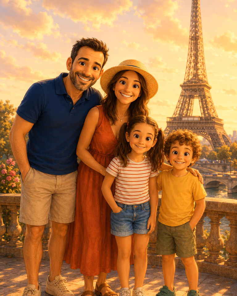 La misma familia convertida en personajes de película de animación posando ante la Torre Eiffel