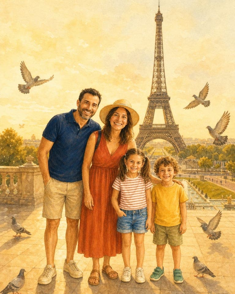 La misma familia ilustrada en acuarela posando ante la Torre Eiffel