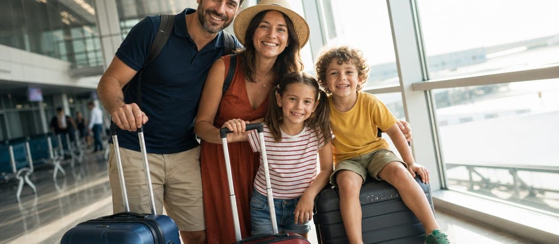 Foto de una familia con sus maletas en el aeropuerto antes de empezar el viaje