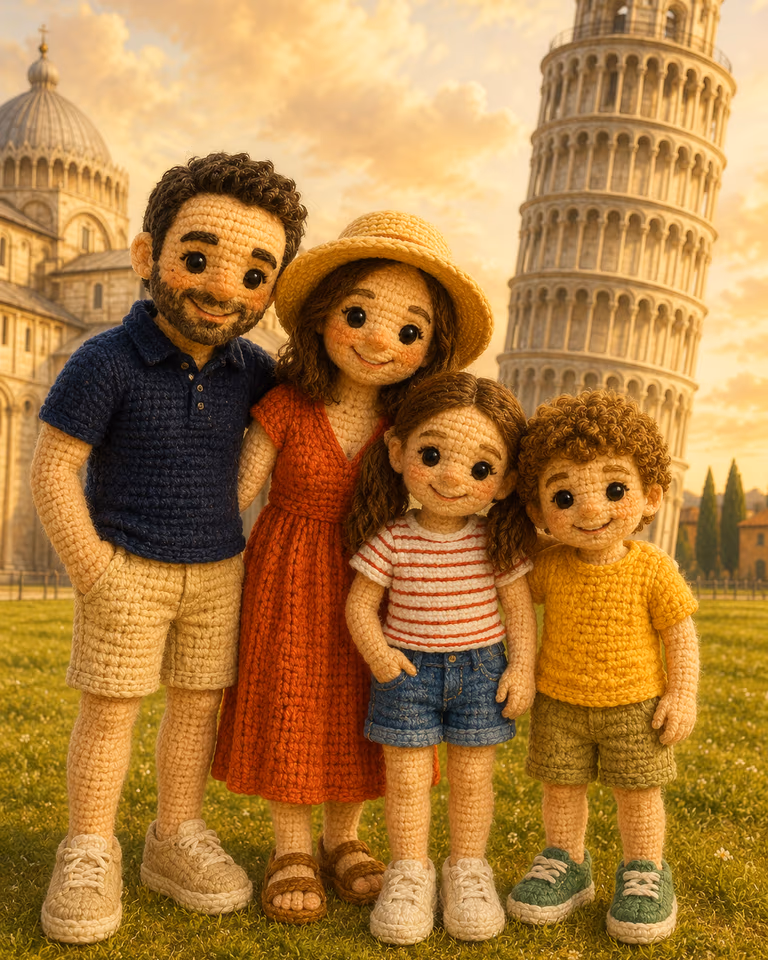 La familia tejida en ganchillo haciendo la clásica broma de sujetar la Torre de Pisa
