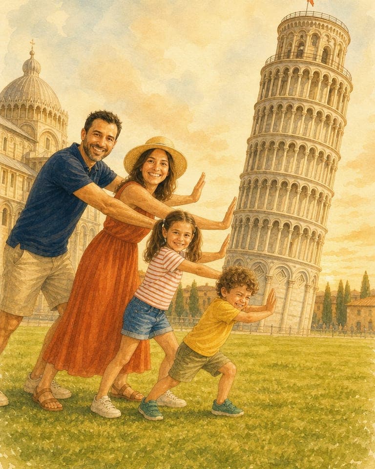 La familia ilustrada haciendo la clásica broma de sujetar la Torre de Pisa