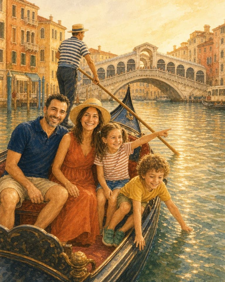 La familia ilustrada navegando en góndola por el Gran Canal de Venecia