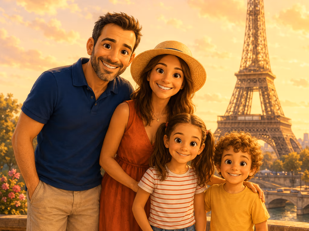 Familia ilustrada en estilo 3D frente a la Torre Eiffel