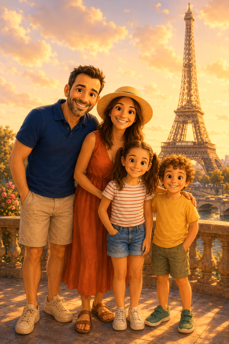La misma familia ilustrada en Animación 3D frente a la Torre Eiffel al atardecer