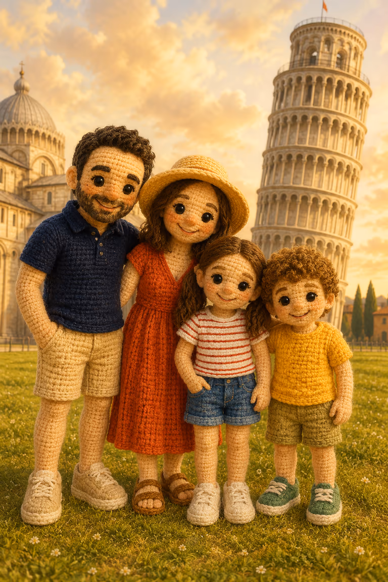 La misma familia en estilo Fieltro delante de la torre inclinada de Pisa