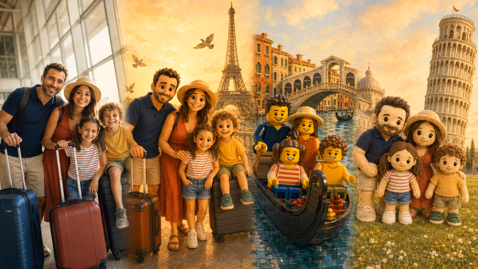 La misma familia cuatro veces: foto real en el aeropuerto y tres ilustraciones de cuento en París, Venecia y Pisa, cada una en un estilo distinto