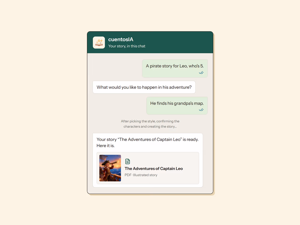 WhatsApp conversation with cuentosIA: the story “The Adventures of Captain Leo” delivered as a PDF