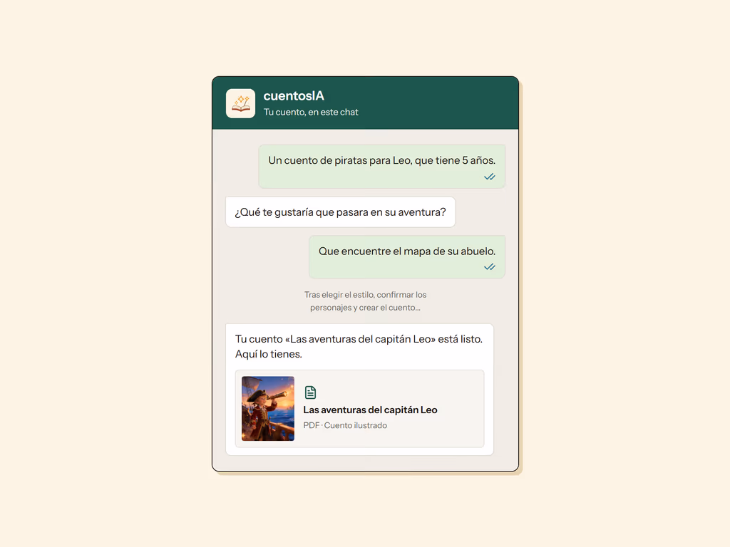 Conversación de WhatsApp con cuentosIA: el cuento «Las aventuras del capitán Leo» entregado en PDF