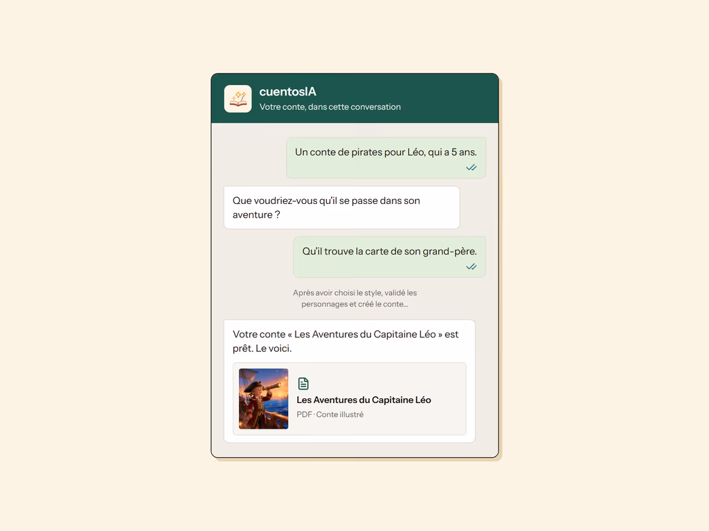 Conversation WhatsApp avec cuentosIA : le conte « Les Aventures du Capitaine Léo » livré en PDF