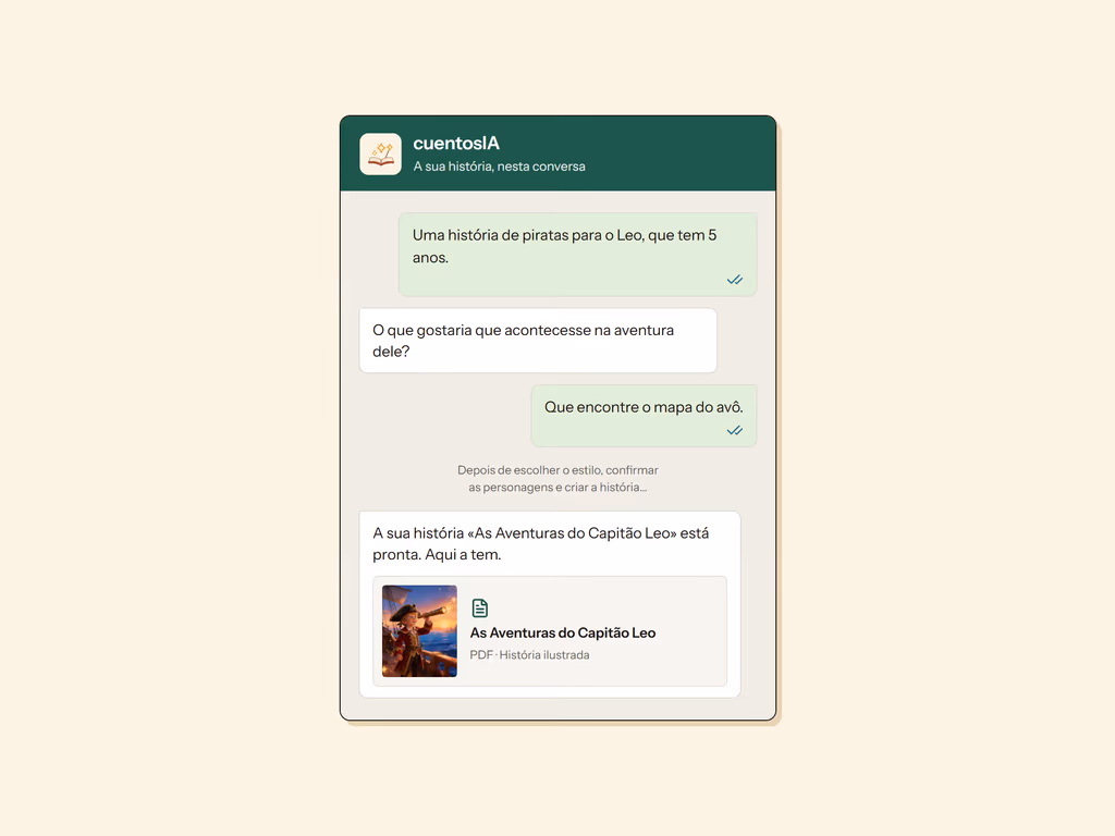 Conversa de WhatsApp com a cuentosIA: o conto «As Aventuras do Capitão Leo» entregue em PDF